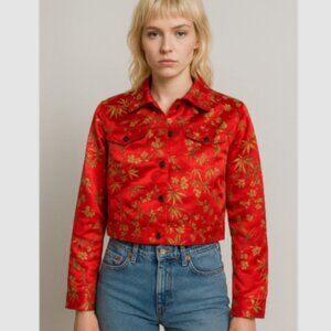 Maggy London Silk Blend Red Asian Floral Cropped Trucker Jacket Size 4 Chest 36